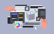 3d Editor Program interface with hands. Big Dashboard for moduling. Vector illustration
