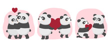 Valentine’s Day Vector Illustration. Three Cute Panda Couple On Pink Background With Many Hearts