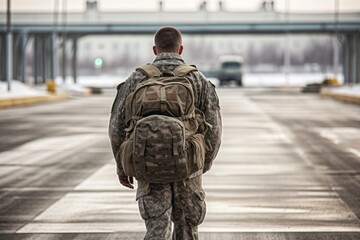 Rearview of a soldier returning home from the army. Concept military service. Generative AI