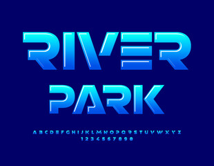 Wall Mural - Vector unique sign River Park. Blue gradient Alphabet Letters, Numbers and Symbols set. Abstract style Font