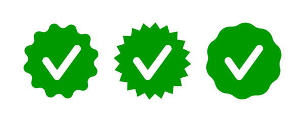 check tick mark on wavy edge green circle sticker. star burst shape tag with approved icon. premium 