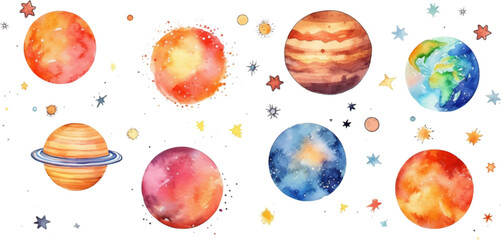 Wall Mural - set planet watercolor for kids easy drawing kids style cut