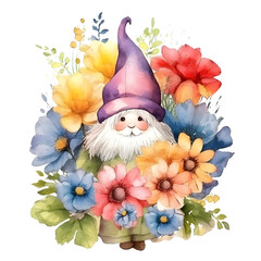Wall Mural - Watercolor Garden gnome with flowers Clipart Element Printable Commercial use