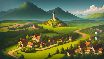 Wall Mural - A Beautiful Painting of a Medieval Village Surrounded by Forests, Valleys, and Highlands. Wooden Cottages. Silence and Tranquility. Spring or Summer. Fairy-tale Atmosphere. Cartoon. Generative AI