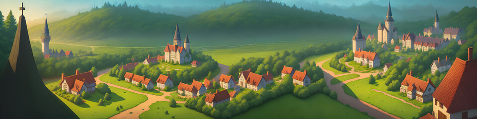 Sticker - A Beautiful Painting of a Medieval Village Surrounded by Forests, Valleys, and Highlands. Wooden Cottages. Silence and Tranquility. Spring or Summer. Fairy-tale Atmosphere. Cartoon. Generative AI