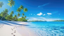 Tropical Paradise Beach With White Sand With Footprints And Crystal Clear Blue Water. Generative AI