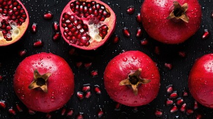 Wall Mural - Pomegranate fruits on dark background, top view. Generative AI