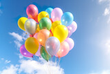 Fototapeta Nowy Jork - colorful balloons in the blue sky and clouds, 3d render,  birthday party celebration