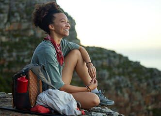 Wall Mural - woman, hiking and mountain top for happiness and wellness and adventure in south africa. female hike