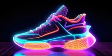 Futuristic Fashion Original Sneakers. Future Design Of Stylish Sport Shoes With Neon Glow, Futuristic Urban Aesthetics