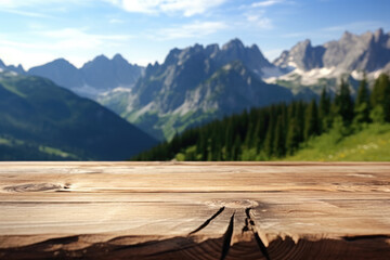 Empty wooden table on the background of beautiful mountains and landscape.Ready for product display montages.Generative AI