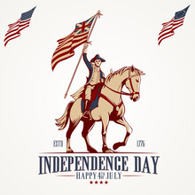 Independence Day, Happy 4th July Mascot Logo Illustration. A Man Ride Horse And Holding An American Flag.
