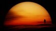 © angel_nt - Lonely astronaut looks at sunset on deserted planet. Contrasting Martian Landscape. Cosmonaut on background of large yellow red orange sun on the horizon. 3d render