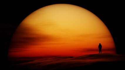 Wall Mural - lonely astronaut looks at sunset on deserted planet. contrasting martian landscape. cosmonaut on bac