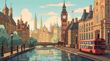 Background London. Eye-catching Banner Design Featuring An Illustrated Representation Of London's Famous Landmark, Big Ben. Generative AI.