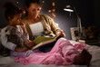 Night, book and reading with mother and daughter in bedroom for creative storytelling, fantasy and home. Books, learning and love with woman, happy girl and family at bedtime, literature and relax