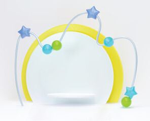 3D render scene for children's products stage showcase, and promotion display. Blue og yellow, tender with stars and pearls, minimalistic and modern.
