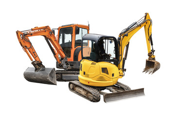 Wall Mural - Mini excavators excavator isolated on white background. Construction equipment for earthworks in cramped conditions. Rental of construction equipment.