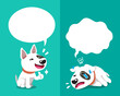 Vector cartoon character bull terrier dog expressing different emotions with speech bubbles for design.