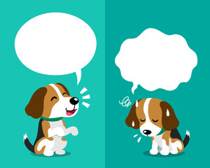Wall Mural - Vector cartoon character cute beagle dog expressing different emotions with speech bubbles for design.