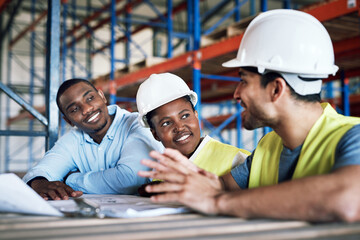 Aufkleber - Business people, architect team and blueprint in meeting for construction, planning or brainstorming on site. Happy contractor in teamwork, project plan or collaboration for industrial architecture