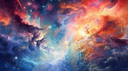 Loopable flight through deep space nebula. Intergalactic traveler, journeying through a nebula, with stars shining in the background. Generative Ai.