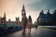 Travel, vacation, romance concept. Young couple traveling and walking in London, England. Big Ben in background. Man and woman view from behind. Sunset summer background. Generative AI
