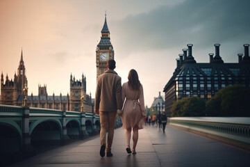 travel, vacation, romance concept. young couple traveling and walking in london, england. big ben in