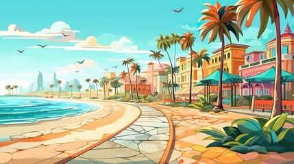 Wall Mural - Background city beach with palm. A captivating illustration portraying the relaxing ambiance of a city beach with palm trees, elegantly displayed in a banner. Generative AI.
