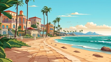 Wall Mural - Background city beach with palm. A serene illustration capturing the tranquil atmosphere of a city beach with palm trees. Generative AI.