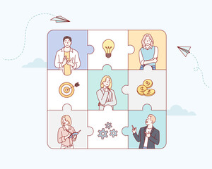 Wall Mural - business people in a blue puzzle collage. hand drawn style vector design illustrations.
