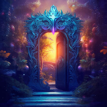 Magic Wooden Door To An Alien World. Magic Gate. Fantasy Gate. Mysterious Entrance Portal. Ancient Ruins. Passage To Another World. Night Landscape. Fantasy Scene In The Night Forest. 3D Illustration