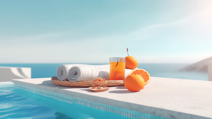 summer concept orange juice and towel in swimming pool ai generative