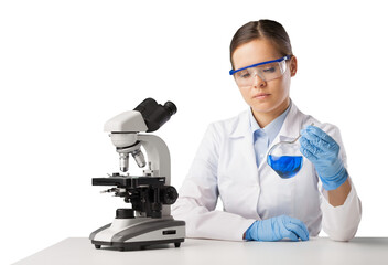 Wall Mural - young woman medical researcher looking through a modern microscope in a laboratory