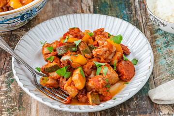 Poster - Spanish chicken stew with red wine, chorizo and vegetables