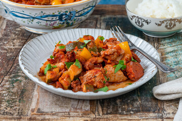 Poster - Spanish chicken stew with red wine, chorizo and vegetables