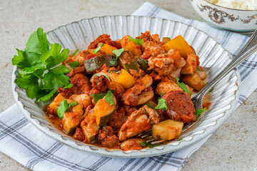 Poster - Spanish chicken stew with red wine, chorizo and vegetables