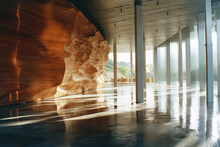 A Big Hall From Natural And Sustainable Materials Designed To Look Like A Flowing Rock Landscape
