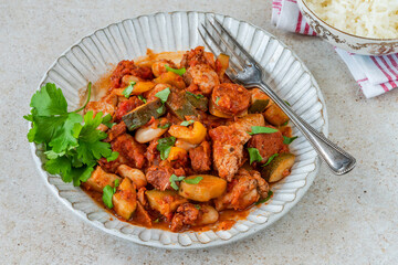 Canvas Print - Spanish chicken stew with red wine, chorizo and vegetables