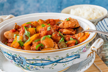 Poster - Spanish chicken stew with red wine, chorizo and vegetables