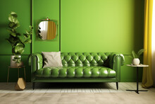 Green Leather Sofa In Living Room With Little Furnishings Against Two Tone Walls. Mockup Space. Generative AI