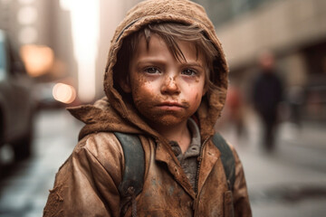 Wall Mural - AI generated portrait of candid authentic fright homeless little boy at urban street background