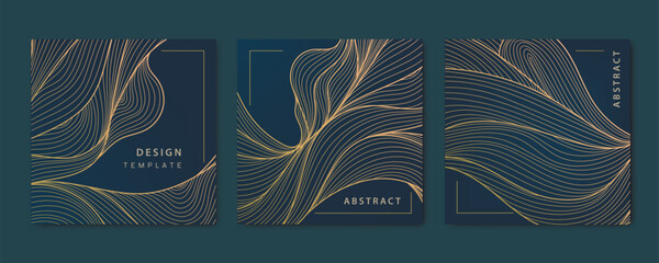 Vector set of abstract wavy liquid cards, hand drawn line waves. Golden luxury covers, japanese style package, posts, brochures.