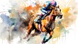 Abstract racing horse with jockey from splash of watercolors on white background