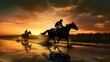 Sunset Race: Silhouettes of a Thoroughbred Horse and Jockey in Action