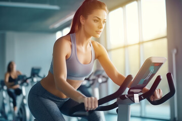 Exercise bike workout young woman training in fitness class. Generative AI