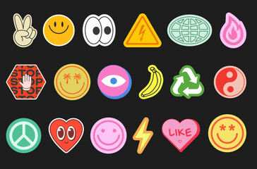 Poster - Set Of Y2k Stickers Vector Design. Cool Pop Art Elements. Trendy Patches. Comic Retro Graphics. Cartoon Character Emoji.