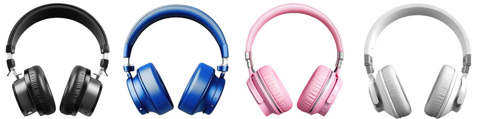 Wall Mural - Colection of headphones in four different colours (black, blue, pink and white) isolated on a transparent background, generative AI technology bundle
