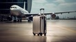 © ColdFire - A suitcase on a runway with a blurred airplane in the background. Travel and business concept. Generative AI