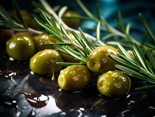 Wall Mural - green olives glistening with oil, accompanied by sprigs of fresh rosemary and some feta cheese